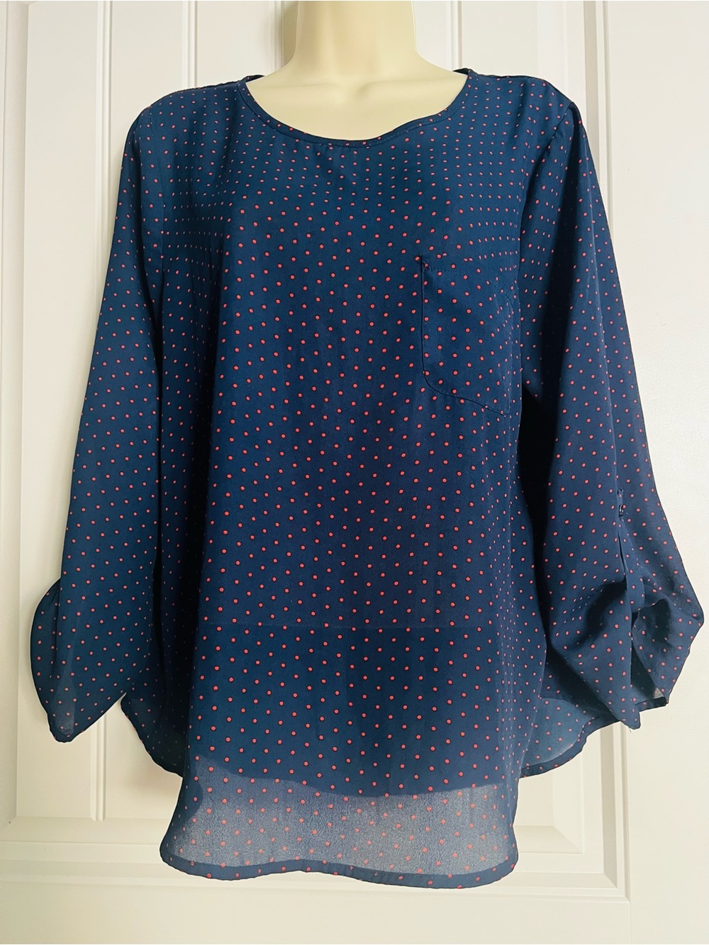 Lily White Minimalist Navy Blouse with Red Polka Dots